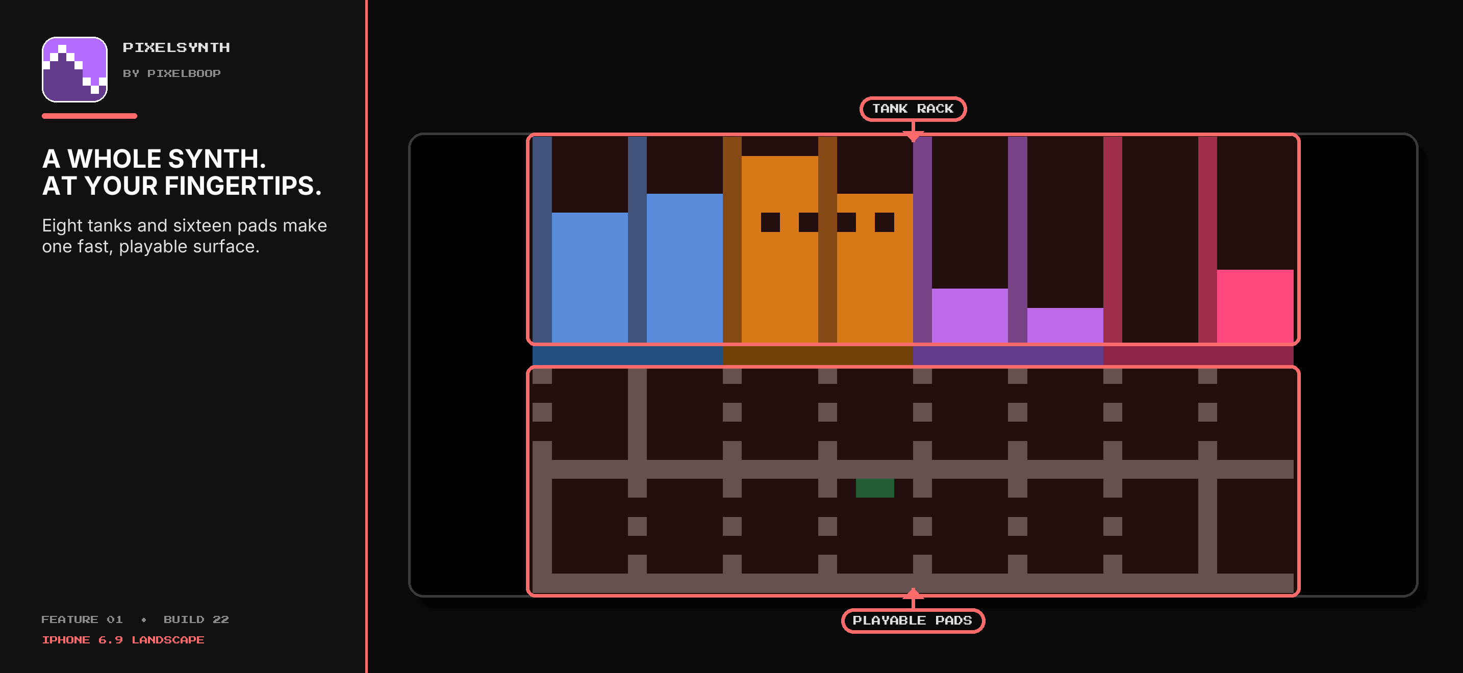Pixelsynth in landscape with a colorful playing surface and visual sound controls.